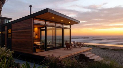 A modern beachfront cabin with large glass windows, wooden accents, and a cozy deck, set against a vibrant sunset over the ocean.