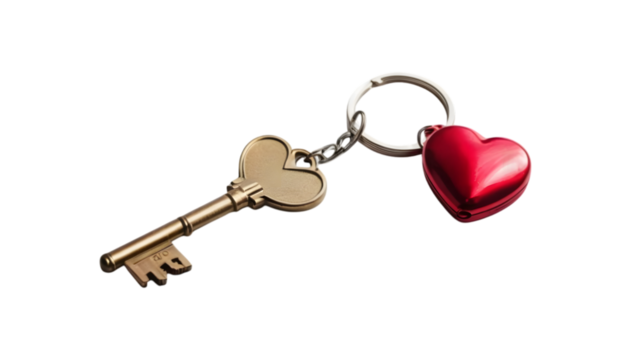 Gold key and red heart keychain. - Powered by Adobe