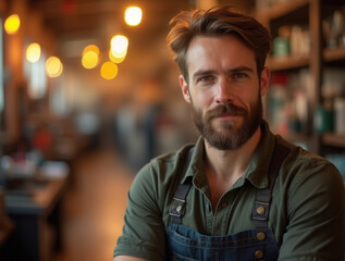 Fototapeta premium Mechanic in casual workwear standing confidently during sunset with a blurred background of a bustling workshop