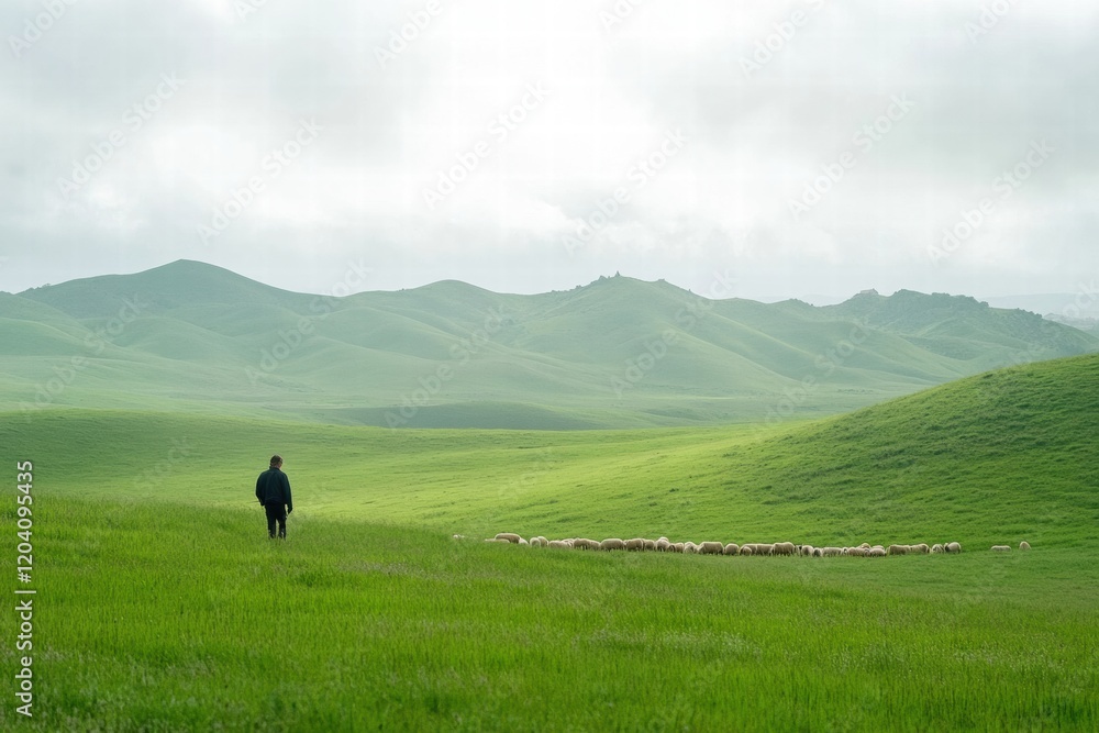 Poster shepherd guides sheep through lush green hills under a cloudy sky during early morning hours. genera
