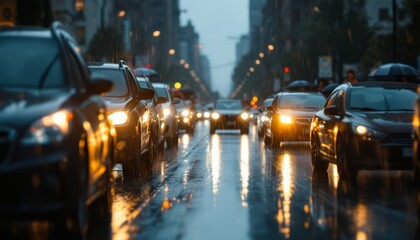 Traffic congestion in the city with a rainy night with the car lights on