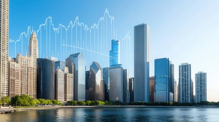 Obraz premium A modern city skyline with skyscrapers alongside a river, featuring a digital graph overlay suggesting economic growth or data analysis.