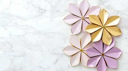 Obraz premium Colorful, decorative paper flowers arranged on a marble surface, showcasing a blend of pink and gold hues.