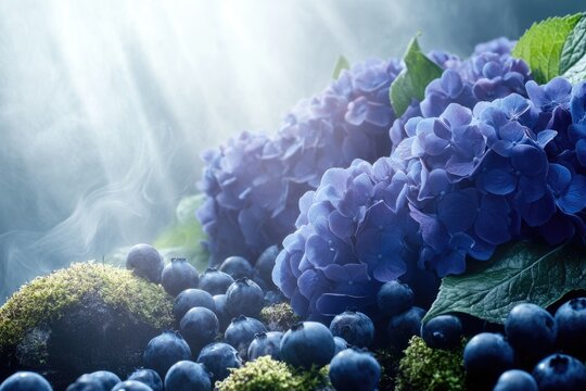 Blue hydrangeas and blueberries arranged artfully, bathed in ethereal light and mist, creating a serene, mystical scene.