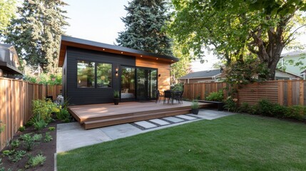 A modern backyard space featuring a wooden deck, large windows, and lush greenery, perfect for relaxation and outdoor gatherings.