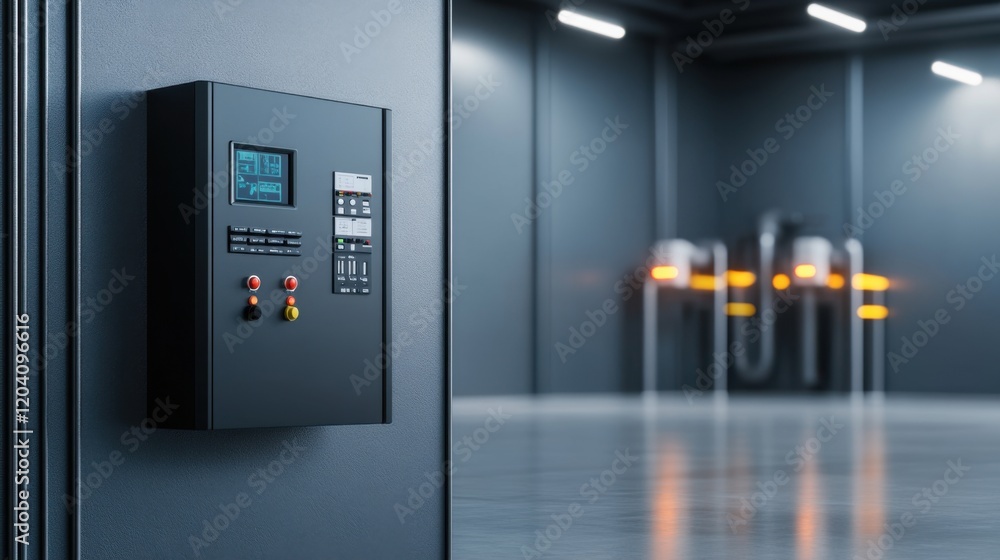 Poster control panel in modern industrial setting with lights and dark walls for high-tech environments