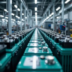 Obraz premium Battery Production Line. Rows of batteries on an assembly line in a modern factory.