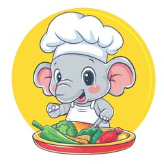 Cute elephant chef preparing vegetables.  Possible use for children's educational materials