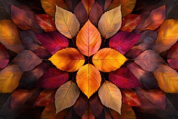 Autumn leaves arranged in a kaleidoscopic pattern showcasing vibrant fall colors.