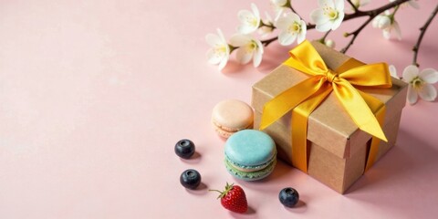 A delicate gift box tied with a vibrant yellow ribbon, accompanied by pastel-colored macarons and fresh berries, rests on a soft pink background adorned with blossoming branches.