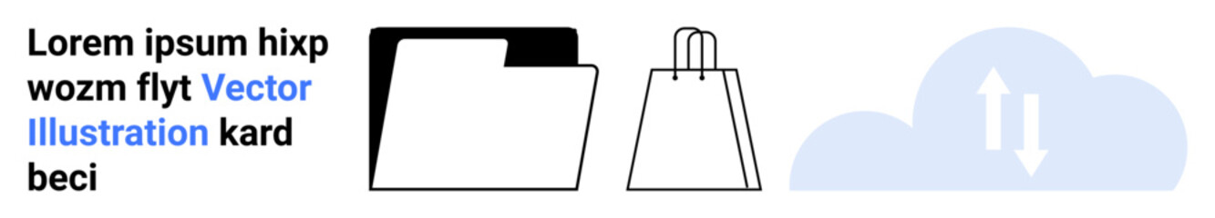 Folder, shopping bag, and cloud upload elements representing digital resource management, e-commerce, and data storage. Ideal for business, online shopping, technology, data management cloud