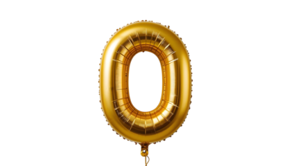 Golden number zero foil balloon on black background.