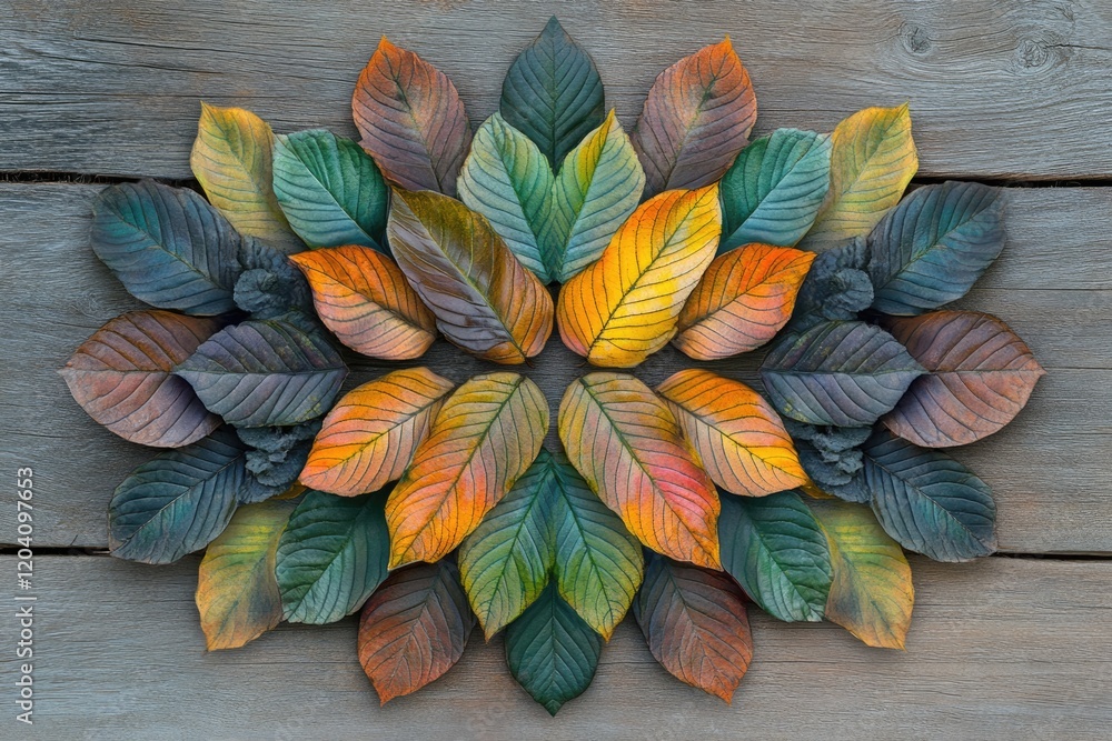 Poster autumn leaves arranged in a symmetrical mandala pattern on rustic wood.