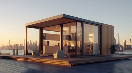 A modern glass-enclosed house on a waterfront deck, featuring sleek architecture and stunning city skyline views at sunset.