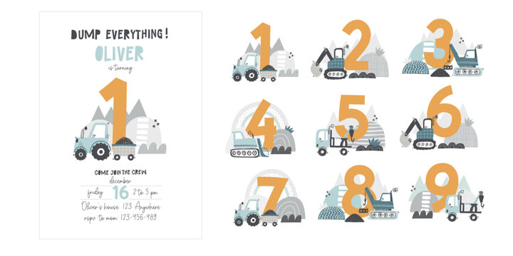 Vector invitation template for kid's birthday party with construction vehicles. Cute cartoon building cars, transportation. Invitation design. Baby boy. Tractor, crane, truck, excavator. Newborn.