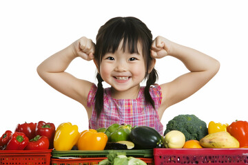 Fototapeta premium Cheerful Child Showcasing Strength with Fresh Vegetables on Display