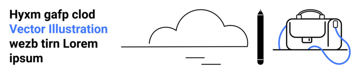 Cloud, pencil, blue and black bag with connecting cord. Ideal for education, travel, art projects, tech illustrations, creative processes, student resources, mobile apps. Landing page