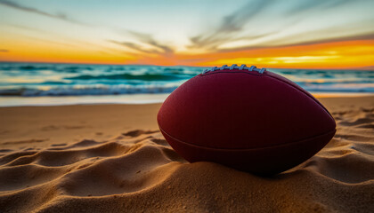 A football placed on beach sand during a glowing sunset, capturing the essence of sportsmanship and nature.