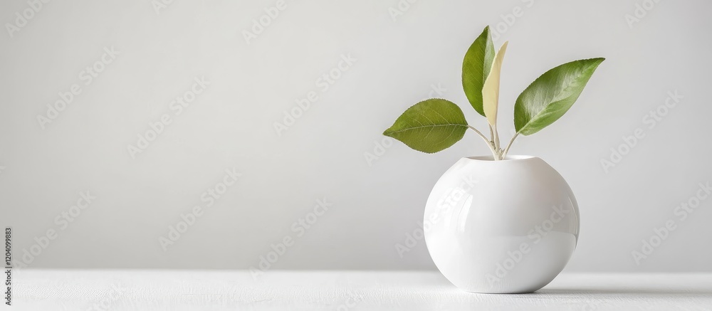 Poster minimalistic white vase with green leaves on a simple background featuring ample copy space for text