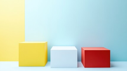 Colorful geometric shapes with yellow, white, and red cubes against a pastel blue and yellow background Copy Space