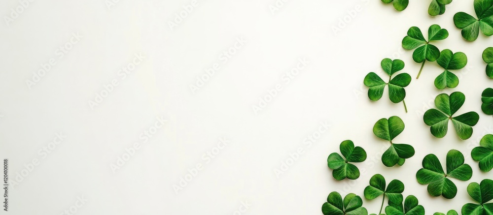 Poster fresh green clover leaves arranged on a plain white background with ample copy space for text insert