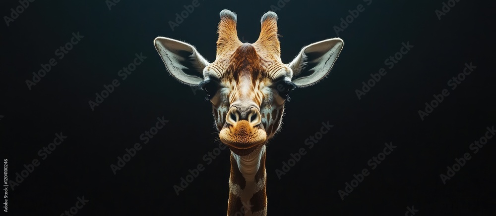 Poster close-up portrait of a giraffe against a dark background with focused lighting copy space for text p