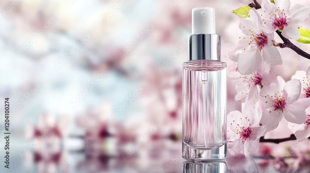 Poster Flowering cherry branch with perfume bottle on reflective surface with soft blurred background Copy Space