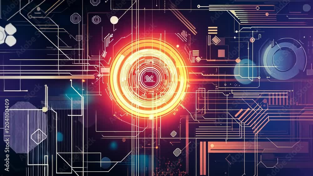 Poster video with a a digital abstract realm featuring a central circular shape surrounded by concentric ri