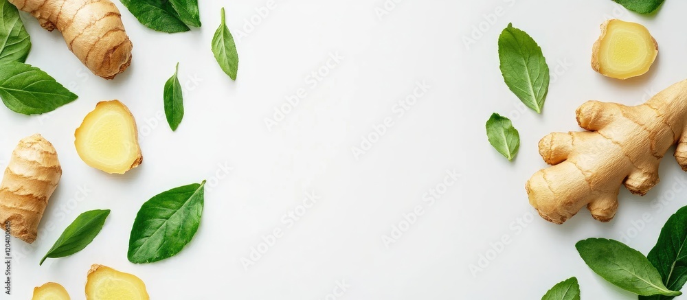 Poster fresh ginger rhizomes and green leaves arranged on white background with ample copy space for text o