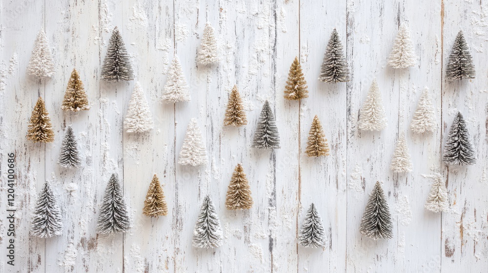 Poster miniature christmas trees arranged on a rustic white wooden background with ample copy space for tex