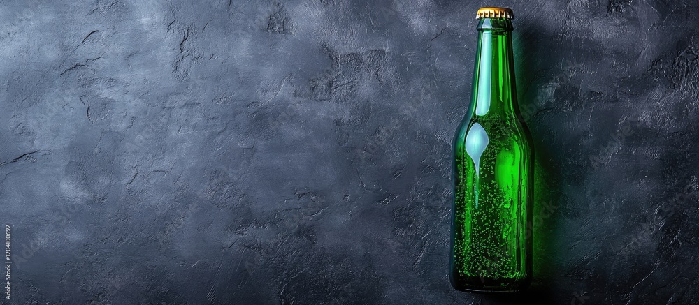 Poster green glass bottle on textured dark background with copy space for text insertion.