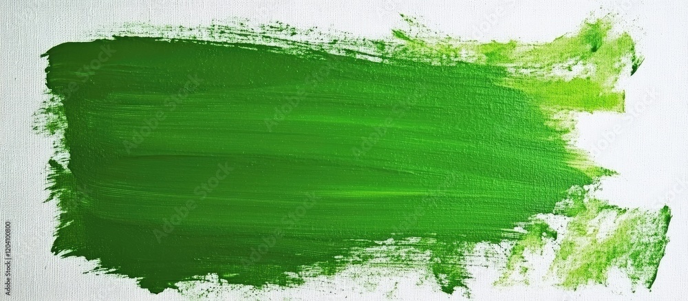 Poster green paint stroke on white canvas with textured brush marks and copy space for text placement