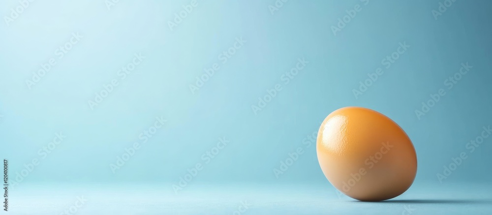 Poster single brown egg on blue background with copy space for text or design elements. natural light and s