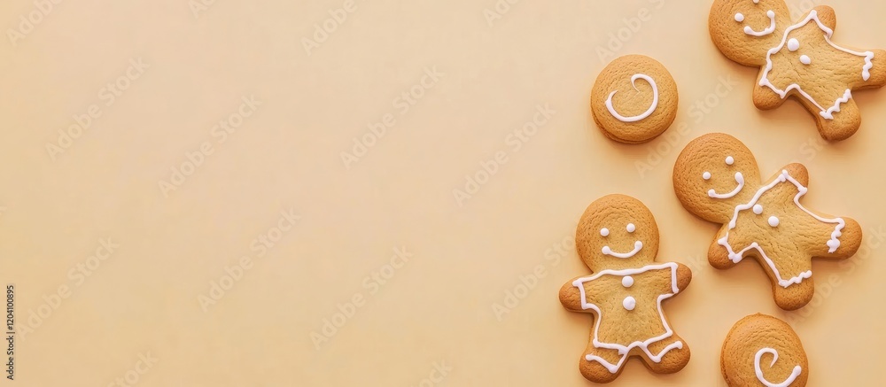 Poster gingerbread cookies on a light colored background with copy space for text placement during holiday 