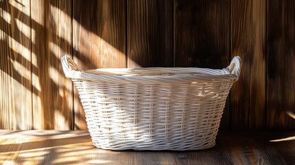 Fototapeta premium Woven white basket on wooden surface with natural light and shadows Copy Space