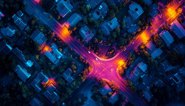 satellite image of steets in residential area at night