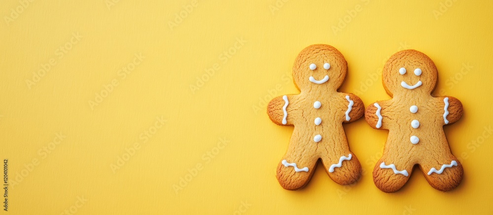 Poster gingerbread cookies in the shape of gingerbread men on a yellow background with copy space for text 