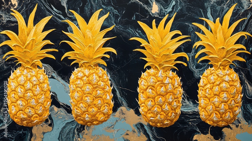 Poster four vibrant yellow pineapples with textured surfaces against a black marble background with abstrac