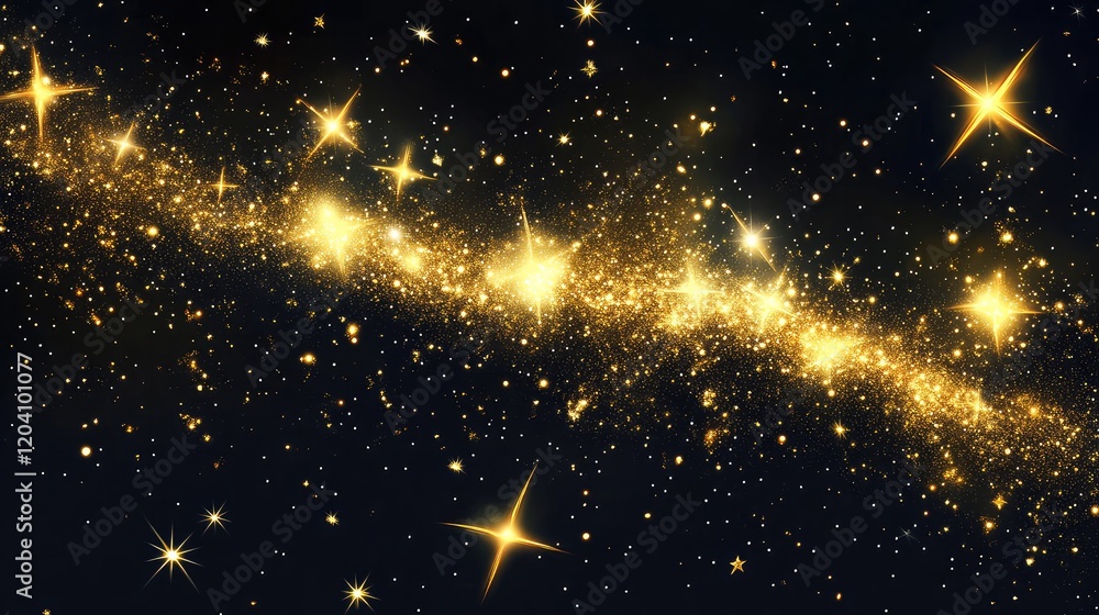 Poster golden sparkling stars in a cosmic galaxy on a dark background with copy space for text.