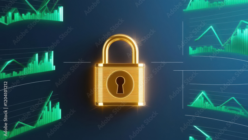 Poster glowing lock icon surrounded by transaction graphs on digital background