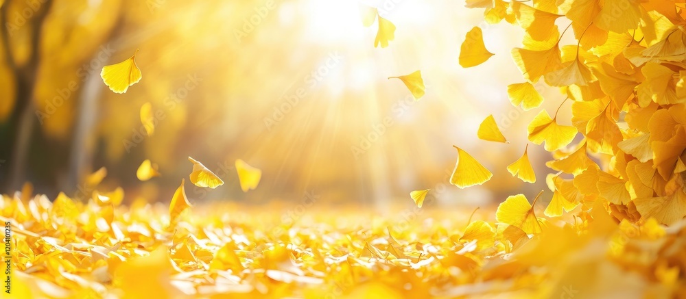 Poster golden autumn leaves scattered on the ground with sunlight shining through trees creating a warm atm