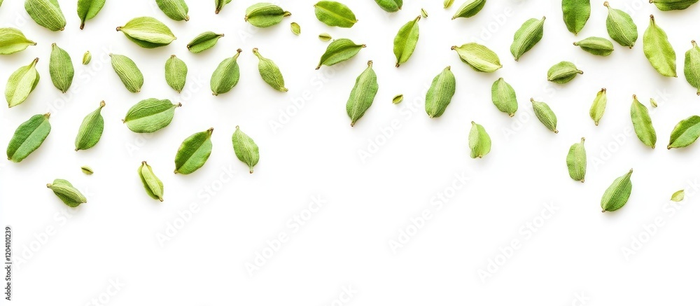 Poster green cardamom seeds arranged on a white background with ample copy space for text or design element