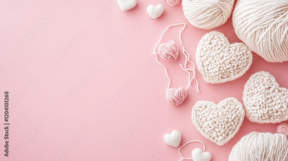 Poster knitted hearts and yarn on pink background with copy space for text or design elements. crafting and