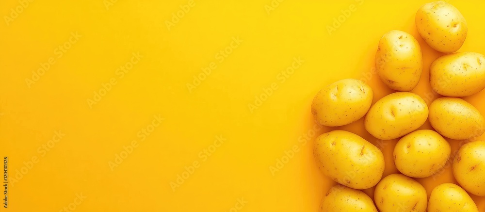 Aufkleber yellow background with fresh potatoes arranged neatly in a corner, featuring ample copy space for te