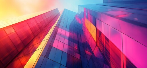 Fototapeta premium Colorful skyscrapers, city sunrise, modern architecture, urban background