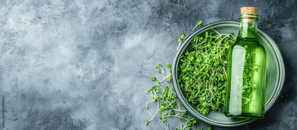 Poster fresh microgreens with a bottle of olive oil on a textured gray background with ample copy space for