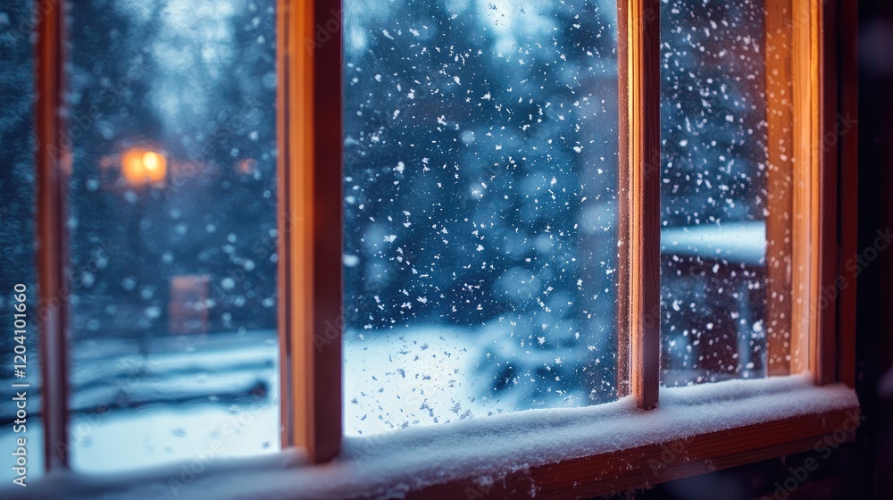 Poster snow falling outside a window with soft evening light and a snowy landscape in the background copy s
