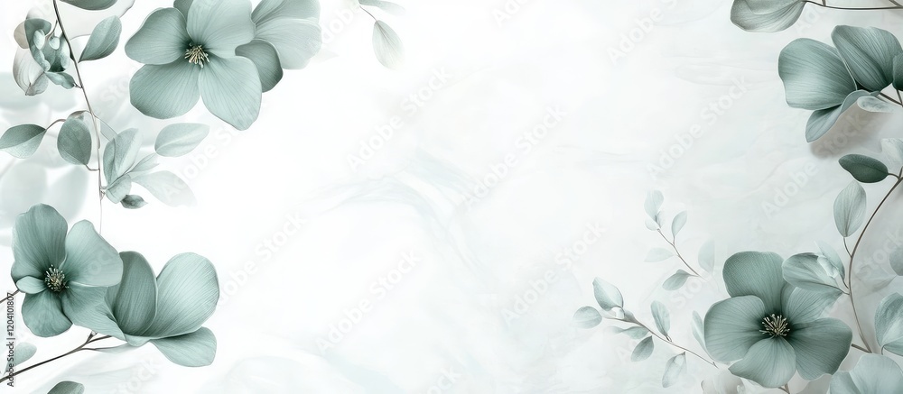 Poster floral background design with light teal flowers and greenery on a soft white backdrop featuring amp