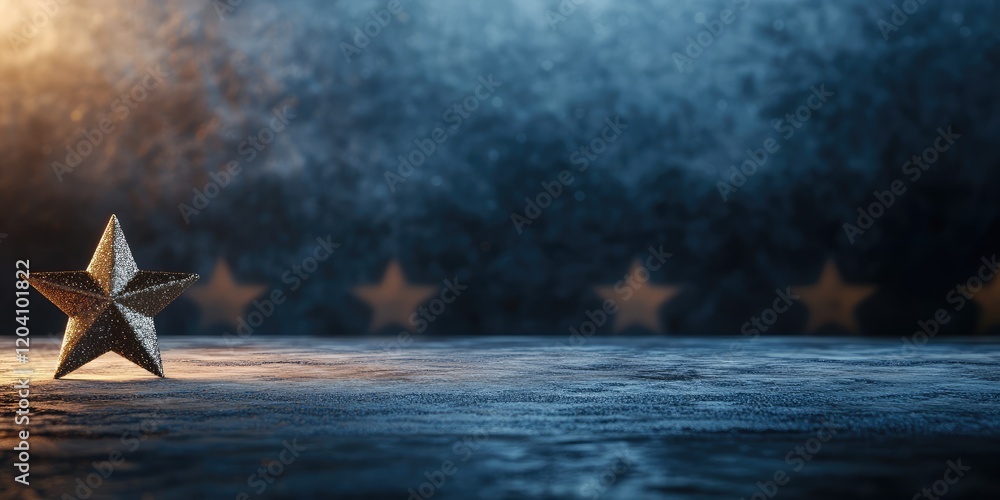 Poster golden star on textured surface with bokeh background and copy space for text placement