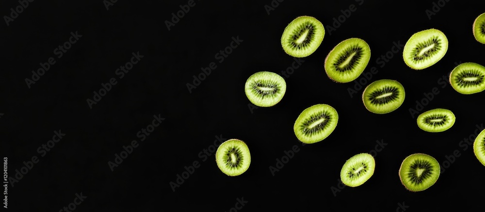 Poster sliced green kiwifruit scattered on a dark background with ample copy space for text placement